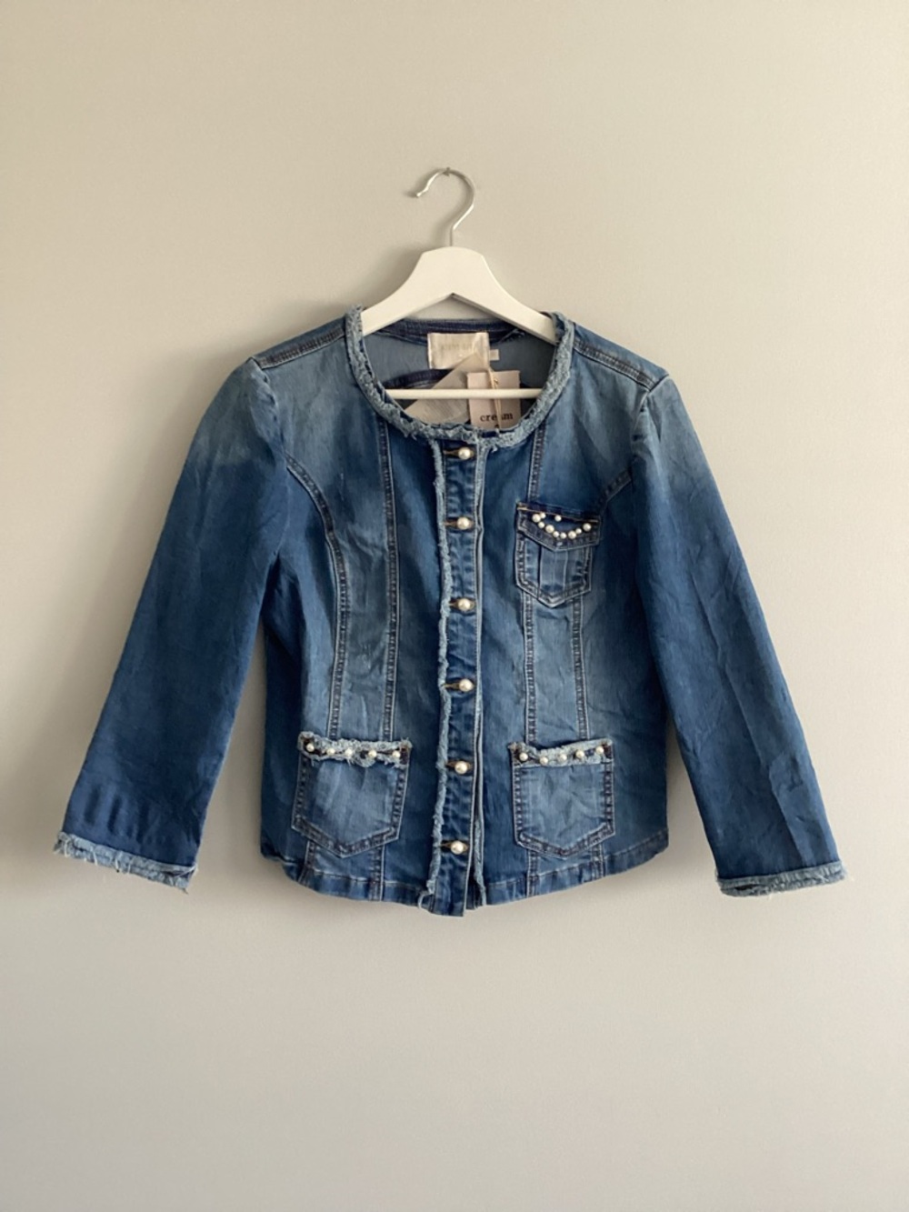 NWT Cream Brand Pearl Embellished Jean Jacket, Size 38